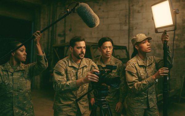 Veterans in formation with film equipment